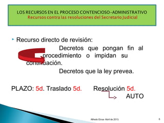  Recurso directo de revisión:
Decretos que pongan fin al
procedimiento o impidan su
continuación.
Decretos que la ley prevea.
PLAZO: 5d. Traslado 5d. Resolución 5d.
AUTO
Alfredo Eiroa- Abril de 2013. 6
 
