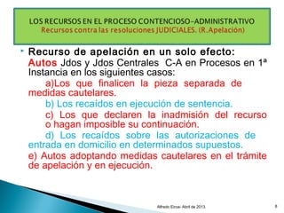  Recurso de apelación en un solo efecto:
Autos Jdos y Jdos Centrales C-A en Procesos en 1ª
Instancia en los siguientes casos:
a)Los que finalicen la pieza separada de
medidas cautelares.
b) Los recaídos en ejecución de sentencia.
c) Los que declaren la inadmisión del recurso
o hagan imposible su continuación.
d) Los recaídos sobre las autorizaciones de
entrada en domicilio en determinados supuestos.
e) Autos adoptando medidas cautelares en el trámite
de apelación y en ejecución.
Alfredo Eiroa- Abril de 2013. 8
 
