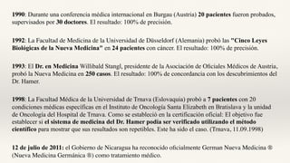 1990: Durante una conferencia médica internacional en Burgau (Austria) 20 pacientes fueron probados,
supervisados por 30 doctores. El resultado: 100% de precisión.
1992: La Facultad de Medicina de la Universidad de Düsseldorf (Alemania) probó las "Cinco Leyes
Biológicas de la Nueva Medicina" en 24 pacientes con cáncer. El resultado: 100% de precisión.
1993: El Dr. en Medicina Willibald Stangl, presidente de la Asociación de Oficiales Médicos de Austria,
probó la Nueva Medicina en 250 casos. El resultado: 100% de concordancia con los descubrimientos del
Dr. Hamer.
1998: La Facultad Médica de la Universidad de Trnava (Eslovaquia) probó a 7 pacientes con 20
condiciones médicas específicas en el Instituto de Oncología Santa Elizabeth en Bratislava y la unidad
de Oncología del Hospital de Trnava. Como se estableció en la certificación oficial: El objetivo fue
establecer si el sistema de medicina del Dr. Hamer podía ser verificado utilizando el método
científico para mostrar que sus resultados son repetibles. Este ha sido el caso. (Trnava, 11.09.1998)
12 de julio de 2011: el Gobierno de Nicaragua ha reconocido oficialmente German Nueva Medicina ®
(Nueva Medicina Germánica ®) como tratamiento médico.
 