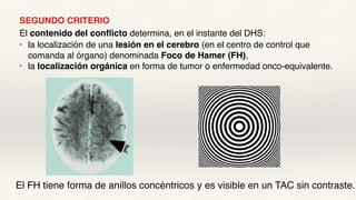 SEGUNDO CRITERIO
El contenido del conflicto determina, en el instante del DHS:
• la localización de una lesión en el cerebro (en el centro de control que
comanda al órgano) denominada Foco de Hamer (FH),
• la localización orgánica en forma de tumor o enfermedad onco-equivalente.
El FH tiene forma de anillos concéntricos y es visible en un TAC sin contraste.
 