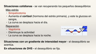 Situaciones cotidianas - se van recuperando los pequeños desequilibrios
Más estrés
• Simpaticotonía
• Aumenta el cortisol (hormona del estrés primaria), y este la glucosa en
sangre,
• La curva se desplaza hacia el día.
Reparación
• Vagotonía
• Disminuye la actividad
• La curva se desplaza hacia la noche.
Situaciones con un gradiente de intensidad mayor - el desequilibrio se
acentúa.
En situaciones de DHS - el desequilibrio se fija.
 
