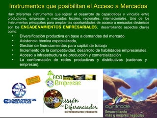 Diversificación productiva en base a demandas del mercado Asistencia técnica especializada, Gestión de financiamientos para capital de trabajo Incremento de la competitividad, desarrollo de habilidades empresariales Acceso a infraestructura de producción y comercialización La conformación de redes productivas y distributivas (cadenas y empresas). Instrumentos que posibilitan el Acceso a Mercados Hay diferentes instrumentos que logran el desarrollo de capacidades y vínculos entre productores, empresas y mercados locales, regionales, internacionales.  Uno de los Instrumentos principales para ampliar las oportunidades de acceso a mercados dinámicos son los  ENCADENAMIENTOS EMPRESARIALES ,  desarrollando aspectos claves como: : 