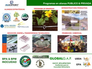 INOVACION, DISEÑO y TRANSFERENCIA TECNOLOGICA PROGRAMA DE MINIRIEGO ALIANZAS ESTRATÉGICAS BPA & BPM INOCUIDAD PROMOCION  COMERCIAL INFRAESTRUCTURA PRODUCTIVA EPA USDA HACCP, BPA,BPM,POES  Auditorías para la Inocuidad Alimentaria Programas en alianza PUBLICO & PRIVADA INCAP 