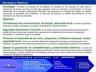 Transferencia de conocimientos, tecnología, desarrollo local .  A través de potenciar el acceso a empleo, tecnología, innovación, capacitación y asistencia técnica. Seguridad alimentaria y nutrición .  En el sector agrícola se incrementará la productividad y calidad al mismo tiempo que se garantice la generación de ingresos para el acceso a la seguridad alimentaria y  a alimentos sanos y de calidad. Promover el desarrollo de las micro, pequeñas y medianas empresas rurales. capacidad local.  Tomar en cuenta las diferencias propiciando el acceso y la incorporación de la población en pobreza a las dinámicas económicas en su territorio, asegurando el acceso al conocimiento. Apoyar la generación de competitividad y productividad sistémica .  A   través de maximizar la inversión en infraestructura para la producción, reducir costos de transacción en la operación de las empresas a través de eliminar la tramitología, promover una cultura publica de servicios de calidad, y eficiencia del gobierno electrónico.  Estrategia:  Promover la inclusión de la población en pobreza en las cadenas de valor para la producción de bienes, servicios con alto valor agregado, ricos en innovación y conocimiento  en los que Guatemala tiene ventajas comparativas dinámicas que promuevan la creación de empleo de calidad, procurando el desarrollo de la población, la reducción de pobreza, el cuidado del ambiente y el uso racional de los recursos naturales. Objetivos 