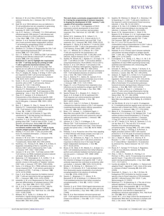 REVIEWS

47.	 Bertram, E. M. et al. Role of ICOS versus CD28 in                 This work shows a previously unappreciated role for          92.	 Iwashiro, M., Peterson, K., Messer, R. J., Stromnes, I. M.
     antiviral immunity. Eur. J. Immunol. 32, 3376–3385                IL‑2 during the programming of immune responses                    & Hasenkrug, K. J. CD4+ T cells and γ interferon in
     (2002).                                                           in shaping the development of CD8+ memory T cells                  the long-term control of persistent Friend retrovirus
48.	 Kopf, M. et al. OX40‑deficient mice are defective in              capable of full secondary expansion.                               infection. J. Virol. 75, 52–60 (2001).
     Th cell proliferation but are competent in generating      71.	   Obar, J. J. et al. CD4+ T cell regulation of CD25            93.	 Jellison, E. R., Kim, S. K. & Welsh, R. M. Cutting edge:
     B cell and CTL responses after virus infection.                   expression controls development of short-lived                     MHC class II‑restricted killing in vivo during viral
     Immunity 11, 699–708 (1999).                                      effector CD8+ T cells in primary and secondary                     infection. J. Immunol. 174, 614–618 (2005).
49.	 Lee, B. O., Hartson, L. & Randall, T. D. CD40‑deficient,          responses. Proc. Natl Acad. Sci. USA 107, 193–198            94.	 Brown, D. M., Kamperschroer, C., Dilzer, A. M.,
     influenza-specific CD8 memory T cells develop and                 (2010).                                                            Roberts, D. M. & Swain, S. L. IL‑2 and antigen dose
     function normally in a CD40‑sufficient environment.        72.	   Barker, B. R., Gladstone, M. N., Gillard, G. O.,                   differentially regulate perforin- and FasL-mediated
     J. Exp. Med. 198, 1759–1764 (2003).                               Panas, M. W. & Letvin, N. L. Critical role for IL‑21               cytolytic activity in antigen specific CD4+ T cells.
50.	 Johnson, S. et al. Selected Toll-like receptor ligands            in both primary and memory anti-viral CD8+ T‑cell                  Cell. Immunol. 257, 69–79 (2009).
     and viruses promote helper-independent cytotoxic                  responses. Eur. J. Immunol. 40, 3085–3096 (2010).            95.	 Qui, H. Z. et al. CD134 plus CD137 dual
     T cell priming by upregulating CD40L on dendritic          73.	   Bourgeois, C., Rocha, B. & Tanchot, C. A role for CD40             costimulation induces Eomesodermin in CD4 T cells to
     cells. Immunity 30, 218–227 (2009).                               expression on CD8+ T cells in the generation of CD8+               program cytotoxic Th1 differentiation. J. Immunol.
51.	 Shedlock, D. J. & Shen, H. Requirement for CD4 T cell             T cell memory. Science 297, 2060–2063 (2002).                      187, 3555–3564 (2011).
     help in generating functional CD8 T cell memory.           74.	   Sun, J. C., Williams, M. A. & Bevan, M. J. CD4+              96.	 Debbabi, H. et al. Primary type II alveolar epithelial
     Science 300, 337–339 (2003).                                      T cells are required for the maintenance, not                      cells present microbial antigens to antigen-specific
52.	 Sun, J. C. & Bevan, M. J. Defective CD8 T cell memory             programming, of memory CD8+ T cells after acute                    CD4+ T cells. Am. J. Physiol. Lung Cell. Mol. Physiol.
     following acute infection without CD4 T cell help.                infection. Nature Immunol. 5, 927–933 (2004).                      289, L274–L279 (2005).
     Science 300, 339–342 (2003).                               75.	   Azadniv, M., Bowers, W. J., Topham, D. J. & Crispe, I. N.    97.	 Cunningham, A. C., Zhang, J. G., Moy, J. V., Ali, S. &
     References 51 and 52 highlight the requirement                    CD4+ T cell effects on CD8+ T cell location defined                Kirby, J. A. A comparison of the antigen-presenting
     for CD4+ T cell help during the priming of CD8+                   using bioluminescence. PLoS ONE 6, e16222 (2011).                  capabilities of class II MHC-expressing human lung
     T cells to generate functional memory cells.               76.	   Roman, E. et al. CD4 effector T cell subsets in the                epithelial and endothelial cells. Immunology 91,
53.	 Hamilton-Williams, E. E. et al. Cutting edge: TLR                 response to influenza: heterogeneity, migration, and               458–463 (1997).
     ligands are not sufficient to break cross-tolerance to            function. J. Exp. Med. 196, 957–968 (2002).                  98.	 Schroder, K., Hertzog, P. J., Ravasi, T. & Hume, D. A.
     self-antigens. J. Immunol. 174, 1159–1163 (2005).          77.	   Kushnir, N. et al. B2 but not B1 cells can contribute to           Interferon-γ: an overview of signals, mechanisms and
54.	 Novy, P., Quigley, M., Huang, X. & Yang, Y. CD4 T cells           CD4+ T‑cell‑mediated clearance of rotavirus in SCID                functions. J. Leukoc. Biol. 75, 163–189 (2004).
     are required for CD8 T cell survival during both                  mice. J. Virol. 75, 5482–5490 (2001).                        99.	 Jankovic, D., Kugler, D. G. & Sher, A. IL‑10 production
     primary and memory recall responses. J. Immunol.           78.	   Hou, S., Doherty, P. C., Zijlstra, M., Jaenisch, R. &              by CD4+ effector T cells: a mechanism for self-
     179, 8243–8251 (2007).                                            Katz, J. M. Delayed clearance of Sendai virus in mice              regulation. Mucosal Immunol. 3, 239–246 (2010).
55.	 Smith, C. M. et al. Cognate CD4+ T cell licensing of              lacking class I MHC-restricted CD8+ T cells.                 100.	Sun, K., Torres, L. & Metzger, D. W. A detrimental
     dendritic cells in CD8+ T cell immunity. Nature                   J. Immunol. 149, 1319–1325 (1992).                                 effect of interleukin‑10 on protective pulmonary
     Immunol. 5, 1143–1148 (2004).                              79.	   Hogan, R. J. et al. Protection from respiratory virus              humoral immunity during primary influenza A virus
56.	 Riberdy, J. M., Christensen, J. P., Branum, K. &                  infections can be mediated by antigen-specific CD4+                infection. J. Virol. 84, 5007–5014 (2010).
     Doherty, P. C. Diminished primary and secondary                   T cells that persist in the lungs. J. Exp. Med. 193,         101.	Sun, J., Madan, R., Karp, C. L. & Braciale, T. J.
     influenza virus-specific CD8+ T‑cell responses in CD4‑            981–986 (2001).                                                    Effector T cells control lung inflammation during
     depleted Ig–/– mice. J. Virol. 74, 9762–9765 (2000).       80.	   Sparks-Thissen, R. L., Braaten, D. C., Kreher, S.,                 acute influenza virus infection by producing IL‑10.
57.	 Tripp, R. A., Sarawar, S. R. & Doherty, P. C.                     Speck, S. H. & Virgin, H. W. An optimized CD4                      Nature Med. 15, 277–284 (2009).
     Characteristics of the influenza virus-specific CD8+              T‑cell response can control productive and latent            102.	Bai, F. et al. IL‑10 signaling blockade controls murine
     T cell response in mice homozygous for disruption of              gammaherpesvirus infection. J. Virol. 78,                          West Nile virus infection. PLoS Pathog. 5, e1000610
     the H‑2lAb gene. J. Immunol. 155, 2955–2959                       6827–6835 (2004).                                                  (2009).
     (1995).                                                    81.	   Stuller, K. A., Cush, S. S. & Flano, E. Persistent           103.	van Den Broek, M. et al. IL‑4 and IL‑10 antagonize
58.	 Belz, G. T., Wodarz, D., Diaz, G., Nowak, M. A. &                 γ-herpesvirus infection induces a CD4 T cell response              IL‑12‑mediated protection against acute vaccinia virus
     Doherty, P. C. Compromised influenza virus-specific               containing functionally distinct effector populations.             infection with a limited role of IFN-γ and nitric oxide
     CD8+‑T‑cell memory in CD4+‑T‑cell-deficient mice.                 J. Immunol. 184, 3850–3856 (2010).                                 synthetase 2. J. Immunol. 164, 371–378 (2000).
     J. Virol. 76, 12388–12393 (2002).                          82.	   Brien, J. D., Uhrlaub, J. L. & Nikolich-Zugich, J.           104.	Weiss, K. A., Christiaansen, A. F., Fulton, R. B.,
59.	 Wiesel, M., Kratky, W. & Oxenius, A. Type I IFN                   West Nile virus-specific CD4 T cells exhibit direct                Meyerholz, D. K. & Varga, S. M. Multiple CD4+ T cell
     substitutes for T cell help during viral infections.              antiviral cytokine secretion and cytotoxicity and are              subsets produce immunomodulatory IL‑10 during
     J. Immunol. 186, 754–763 (2011).                                  sufficient for antiviral protection. J. Immunol. 181,              respiratory syncytial virus infection. J. Immunol.
60.	 Castellino, F. et al. Chemokines enhance immunity by              8568–8575 (2008).                                                  15 Aug 2011 (doi:10.4049/jimmunol.1100764).
     guiding naive CD8+ T cells to sites of CD4+ T cell–        83.	   Johnson, A. J., Chu, C. F. & Milligan, G. N.                 105.	Lin, M. T., Hinton, D. R., Parra, B., Stohlman, S. A. &
     dendritic cell interaction. Nature 440, 890–895 (2006).           Effector CD4+ T‑cell involvement in clearance of                   van der Veen, R. C. The role of IL‑10 in mouse
     This work shows that chemokine-guided                             infectious herpes simplex virus type 1 from sensory                hepatitis virus-induced demyelinating
     recruitment enables naive CD8+ T cells to locate                  ganglia and spinal cords. J. Virol. 82, 9678–9688                  encephalomyelitis. Virology 245, 270–280 (1998).
     cognate antigen-presenting cells and CD4+ T cells.                (2008).                                                      106.	Trandem, K., Zhao, J., Fleming, E. & Perlman, S.
61.	 Mueller, S. N. et al. CD4+ T cells can protect APC         84.	   Ishikawa, T. et al. Protective role of Fas–FasL signaling          Highly activated cytotoxic CD8 T cells express
     from CTL-mediated elimination. J. Immunol. 176,                   in lethal infection with herpes simplex virus type 2 in            protective IL‑10 at the peak of coronavirus-induced
     7379–7384 (2006).                                                 mice. J. Virol. 83, 11777–11783 (2009).                            encephalitis. J. Immunol. 186, 3642–3652 (2011).
62.	 Janssen, E. M. et al. CD4+ T cells are required for        85.	   Teijaro, J. R., Verhoeven, D., Page, C. A., Turner, D. &     107.	Sun, J., Dodd, H., Moser, E. K., Sharma, R. &
     secondary expansion and memory in CD8+                            Farber, D. L. Memory CD4 T cells direct protective                 Braciale, T. J. CD4+ T cell help and innate-derived
     T lymphocytes. Nature 421, 852–856 (2003).                        responses to influenza virus in the lungs through                  IL‑27 induce Blimp‑1‑dependent IL‑10 production
63.	 Northrop, J. K., Thomas, R. M., Wells, A. D. & Shen, H.           helper-independent mechanisms. J. Virol. 84,                       by antiviral CTLs. Nature Immunol. 12, 327–334
     Epigenetic remodeling of the IL‑2 and IFN-γ loci in               9217–9226 (2010).                                                  (2011).
     memory CD8 T cells is influenced by CD4 T cells.           86.	   Brown, D. M., Dilzer, A. M., Meents, D. L. & Swain, S. L.    108.	Rouse, B. T., Sarangi, P. P. & Suvas, S. Regulatory
     J. Immunol. 177, 1062–1069 (2006).                                CD4 T cell-mediated protection from lethal influenza:              T cells in virus infections. Immunol. Rev. 212,
64.	 Janssen, E. M. et al. CD4+ T‑cell help controls CD8+              perforin and antibody-mediated mechanisms give a                   272–286 (2006).
     T‑cell memory via TRAIL-mediated activation-induced               one-two punch. J. Immunol. 177, 2888–2898                    109.	Zhao, J., Fett, C., Trandem, K., Fleming, E. &
     cell death. Nature 434, 88–93 (2005).                             (2006).                                                            Perlman, S. IFN-γ- and IL‑10‑expressing virus epitope-
65.	 Badovinac, V. P., Messingham, K. A., Griffith, T. S. &     87.	   Yauch, L. E. et al. CD4+ T cells are not required for              specific Foxp3+ T reg cells in the central nervous
     Harty, J. T. TRAIL deficiency delays, but does not                the induction of dengue virus-specific CD8+ T cell or              system during encephalomyelitis. J. Exp. Med. 208,
     prevent, erosion in the quality of “helpless” memory              antibody responses but contribute to protection after              1571–1577 (2011).
     CD8 T cells. J. Immunol. 177, 999–1006 (2006).                    vaccination. J. Immunol. 185, 5405–5416 (2010).              110.	 Curotto de Lafaille, M. A. & Lafaille, J. J. Natural and
66.	 Sacks, J. A. & Bevan, M. J. TRAIL deficiency does not      88.	   Brooke, C. B., Deming, D. J., Whitmore, A. C.,                     adaptive Foxp3+ regulatory T cells: more of the same
     rescue impaired CD8+ T cell memory generated in                   White, L. J. & Johnston, R. E. T cells facilitate recovery         or a division of labor? Immunity 30, 626–635
     the absence of CD4+ T cell help. J. Immunol. 180,                 from Venezuelan equine encephalitis virus-induced                  (2009).
     4570–4576 (2008).                                                 encephalomyelitis in the absence of antibody.                111.	 Amarnath, S., Dong, L., Li, J., Wu, Y. & Chen, W.
67.	 Fuse, S. et al. Recall responses by helpless memory               J. Virol. 84, 4556–4568 (2010).                                    Endogenous TGF-β activation by reactive oxygen
     CD8+ T cells are restricted by the up-regulation of        89.	   Savarin, C., Bergmann, C. C., Hinton, D. R.,                       species is key to Foxp3 induction in TCR-stimulated
     PD‑1. J. Immunol. 182, 4244–4254 (2009).                          Ransohoff, R. M. & Stohlman, S. A. Memory CD4+                     and HIV‑1‑infected human CD4+CD25– T cells.
68.	 Intlekofer, A. M. et al. Requirement for T‑bet in the             T‑cell‑mediated protection from lethal coronavirus                 Retrovirology 4, 57 (2007).
     aberrant differentiation of unhelped memory CD8+                  encephalomyelitis. J. Virol. 82, 12432–12440                 112.	 Robertson, S. J. & Hasenkrug, K. J. The role of virus-
     T cells. J. Exp. Med. 204, 2015–2021 (2007).                      (2008).                                                            induced regulatory T cells in immunopathology.
69.	 Oh, S. et al. IL‑15 as a mediator of CD4+ help for         90.	   Oxenius, A. et al. CD40–CD40 ligand interactions are               Springer Semin. Immunopathol. 28, 51–62 (2006).
     CD8+ T cell longevity and avoidance of TRAIL-                     critical in T–B cooperation but not for other anti-viral     113.	 Punkosdy, G. A. et al. Regulatory T‑cell expansion
     mediated apoptosis. Proc. Natl Acad. Sci. USA 105,                CD4+ T cell functions. J. Exp. Med. 183, 2209–2218                 during chronic viral infection is dependent on
     5201–5206 (2008).                                                 (1996).                                                            endogenous retroviral superantigens. Proc. Natl Acad.
70.	 Williams, M. A., Tyznik, A. J. & Bevan, M. J.              91.	   Pike, R. et al. Race between retroviral spread and                 Sci. USA 108, 3677–3682 (2011).
     Interleukin‑2 signals during priming are required for             CD4+ T‑cell response determines the outcome of acute         114.	 Lanteri, M. C. et al. Tregs control the development of
     secondary expansion of CD8+ memory T cells.                       Friend virus infection. J. Virol. 83, 11211–11222                  symptomatic West Nile virus infection in humans and
     Nature 441, 890–893 (2006).                                       (2009).                                                            mice. J. Clin. Invest. 119, 3266–3277 (2009).




NATURE REVIEWS | IMMUNOLOGY	                                                                                                                       VOLUME 12 | FEBRUARY 2012 | 147

                                                                © 2012 Macmillan Publishers Limited. All rights reserved
 