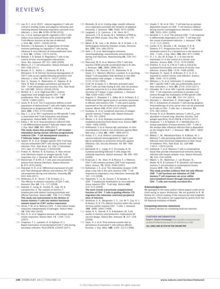 REVIEWS

115.	 Lee, D. C. et al. CD25+ natural regulatory T cells are     135.	Moltedo, B. et al. Cutting edge: stealth influenza            154.	Snyder, C. M. et al. CD4+ T cell help has an epitope-
      critical in limiting innate and adaptive immunity and           virus replication precedes the initiation of adaptive              dependent impact on CD8+ T cell memory inflation
      resolving disease following respiratory syncytial virus         immunity. J. Immunol. 183, 3569–3573 (2009).                       during murine cytomegalovirus infection. J. Immunol.
      infection. J. Virol. 84, 8790–8798 (2010).                 136.	Langland, J. O., Cameron, J. M., Heck, M. C.,                      183, 3932–3941 (2009).
116.	 Liu, J. et al. Epitope-specific regulatory CD4 T cells          Jancovich, J. K. & Jacobs, B. L. Inhibition of PKR by         155.	Kemball, C. C. et al. The antiviral CD8+ T cell response
      reduce virus-induced illness while preserving CD8               RNA and DNA viruses. Virus Res. 119, 100–110                       is differentially dependent on CD4+ T cell help over
      T‑cell effector function at the site of infection.              (2006).                                                            the course of persistent infection. J. Immunol. 179,
      J. Virol. 84, 10501–10509 (2010).                          137.	Welsh, R. M., Che, J. W., Brehm, M. A. & Selin, L. K.              1113–1121 (2007).
117.	 Antunes, I. & Kassiotis, G. Suppression of innate               Heterologous immunity between viruses. Immunol.               156.	Cardin, R. D., Brooks, J. W., Sarawar, S. R. &
      immune pathology by regulatory T cells during                   Rev. 235, 244–266 (2010).                                          Doherty, P. C. Progressive loss of CD8+ T cell-
      influenza A virus infection of immunodeficient mice.       138.	Selin, L. K. et al. Heterologous immunity:                         mediated control of a γ-herpesvirus in the absence of
      J. Virol. 84, 12564–12575 (2010).                               immunopathology, autoimmunity and protection                       CD4+ T cells. J. Exp. Med. 184, 863–871 (1996).
118.	 Belkaid, Y. & Tarbell, K. Regulatory T cells in the             during viral infections. Autoimmunity 44, 328–347             157.	Yi, J. S., Du, M. & Zajac, A. J. A vital role for
      control of host–microorganism interactions.                     (2011).                                                            interleukin‑21 in the control of a chronic viral
      Annu. Rev. Immunol. 27, 551–589 (2009).                    139.	MacLeod, M. K. et al. Memory CD4 T cells that                      infection. Science 324, 1572–1576 (2009).
119.	 Wherry, E. J. T cell exhaustion. Nature Immunol. 12,            express CXCR5 provide accelerated help to B cells.            158.	Frohlich, A. et al. IL‑21R on T cells is critical for
      492–499 (2011).                                                 J. Immunol. 186, 2889–2896 (2011).                                 sustained functionality and control of chronic viral
120.	Brooks, D. G., Teyton, L., Oldstone, M. B. &                140.	Bradley, L. M., Duncan, D. D., Yoshimoto, K. &                     infection. Science 324, 1576–1580 (2009).
      McGavern, D. B. Intrinsic functional dysregulation of           Swain, S. L. Memory effectors: a potent, IL‑4‑secreting       159.	Elsaesser, H., Sauer, K. & Brooks, D. G. IL‑21 is
      CD4 T cells occurs rapidly following persistent viral           helper T cell population that develops in vivo after               required to control chronic viral infection. Science
      infection. J. Virol. 79, 10514–10527 (2005).                    restimulation with antigen. J. Immunol. 150,                       324, 1569–1572 (2009).
121.	Han, S., Asoyan, A., Rabenstein, H., Nakano, N. &                3119–3130 (1993).                                             160.	Williams, L. D. et al. Interleukin-21‑producing
      Obst, R. Role of antigen persistence and dose for          141.	Croft, M. & Swain, S. L. Recently activated naive                  HIV‑1‑specific CD8 T cells are preferentially seen in
      CD4+ T‑cell exhaustion and recovery. Proc. Natl Acad.           CD4 T cells can help resting B cells, and can produce              elite controllers. J. Virol. 85, 2316–2324 (2011).
      Sci. USA 107, 20453–20458 (2010).                               sufficient autocrine IL‑4 to drive differentiation to         161.	Chevalier, M. F. et al. HIV‑1‑specific interleukin‑21+
122.	McNeil, A. C. et al. High-level HIV‑1 viremia                    secretion of T helper 2‑type cytokines. J. Immunol.                CD4+ T cell responses contribute to durable viral
      suppresses viral antigen-specific CD4+ T cell                   154, 4269–4282 (1995).                                             control through the modulation of HIV-specific CD8+
      proliferation. Proc. Natl Acad. Sci. USA 98,               142.	Koguchi, Y., Thauland, T. J., Slifka, M. K. & Parker, D. C.        T cell function. J. Virol. 85, 733–741 (2011).
      13878–13883 (2001).                                             Preformed CD40 ligand exists in secretory lysosomes           162.	Hunziker, L., Klenerman, P., Zinkernagel, R. M. &
123.	Jones, R. B. et al. Tim‑3 expression defines a novel             in effector and memory CD4+ T cells and is quickly                 Ehl, S. Exhaustion of cytotoxic T cells during adoptive
      population of dysfunctional T cells with highly elevated        expressed on the cell surface in an antigen-specific               immunotherapy of virus carrier mice can be prevented
      frequencies in progressive HIV‑1 infection. J. Exp.             manner. Blood 110, 2520–2527 (2007).                               by B cells or CD4+ T cells. Eur. J. Immunol. 32,
      Med. 205, 2763–2779 (2008).                                143.	Fazilleau, N. et al. Lymphoid reservoirs of antigen-               374–382 (2002).
124.	Day, C. L. et al. PD‑1 expression on HIV-specific T cells        specific memory T helper cells. Nature Immunol.               163.	Purwar, R. et al. Resident memory T cells (TRM) are
      is associated with T‑cell exhaustion and disease                8, 753–761 (2007).                                                 abundant in human lung: diversity, function, and
      progression. Nature 443, 350–354 (2006).                   144.	Wilson, J. A. et al. Epitopes involved in antibody-                antigen specificity. PLoS ONE 6, e16245 (2011).
125.	Fahey, L. M. et al. Viral persistence redirects CD4              mediated protection from Ebola virus. Science 287,            164.	Chapman, T. J. & Topham, D. J. Identification of a
      T cell differentiation toward T follicular helper cells.        1664–1666 (2000).                                                  unique population of tissue-memory CD4+ T cells in
      J. Exp. Med. 208, 987–999 (2011).                          145.	Hofmeister, Y. et al. Human IgG subclasses: in vitro               the airways after influenza infection that is dependent
      This study shows that prolonged T cell receptor                 neutralization of and in vivo protection against West              on the integrin VLA‑1. J. Immunol. 184, 3841–3849
      stimulation during chronic infection progressively              Nile virus. J. Virol. 85, 1896–1899 (2011).                        (2010).
      redirects CD4+ T cell development towards a                146.	Huber, V. C. et al. Distinct contributions of                 165.	Wakim, L. M., Woodward-Davis, A. & Bevan, M. J.
      T follicular helper cell phenotype.                             vaccine‑induced immunoglobulin G1 (IgG1) and                       Memory T cells persisting within the brain after local
126.	Aubert, R. D. et al. Antigen-specific CD4 T‑cell help            IgG2a antibodies to protective immunity against                    infection show functional adaptations to their tissue
      rescues exhausted CD8 T cells during chronic viral              influenza. Clin. Vaccine Immunol. 13, 981–990                      of residence. Proc. Natl Acad. Sci. USA 107,
      infection. Proc. Natl Acad. Sci. USA 12 December                (2006).                                                            17872–17879 (2010).
      2011 (doi:10.1073/pnas.1118450109).                        147.	Reinhardt, R. L., Liang, H. E. & Locksley, R. M.              166.	Gebhardt, T. et al. Memory T cells in nonlymphoid
127.	Frebel, H., Richter, K. & Oxenius, A. How chronic                Cytokine-secreting follicular T cells shape the                    tissue that provide enhanced local immunity during
      viral infections impact on antigen-specific T‑cell              antibody repertoire. Nature Immunol. 10, 385–393                   infection with herpes simplex virus. Nature Immunol.
      responses. Eur. J. Immunol. 40, 654–663 (2010).                 (2009).                                                            10, 524–530 (2009).
128.	Klenerman, P. & Hill, A. T cells and viral persistence:     148.	Krawczyk, C. M., Shen, H. & Pearce, E. J. Memory              167.	Wakim, L. M., Waithman, J., van Rooijen, N.,
      lessons from diverse infections. Nature Immunol.                CD4 T cells enhance primary CD8 T‑cell responses.                  Heath, W. R. & Carbone, F. R. Dendritic cell-induced
      6, 873–879 (2005).                                              Infect. Immun. 75, 3556–3560 (2007).                               memory T cell activation in nonlymphoid tissues.
129.	Marshall, H. D. et al. Differential expression of Ly6C      149.	Kohlmeier, J. E. et al. The chemokine receptor CCR5                Science 319, 198–202 (2008).
      and T‑bet distinguish effector and memory Th1 CD4+              plays a key role in the early memory CD8+ T cell                   This study provides evidence that not only effector
      cell properties during viral infection. Immunity 35,            response to respiratory virus infections. Immunity 29,             CD8+ T cell functions but initiation of CD8+
      633–646 (2011).                                                 101–113 (2008).                                                    memory T cell responses can occur within
130.	McKinstry, K. K., Strutt, T. M. & Swain, S. L.              150.	Nakanishi, Y., Lu, B., Gerard, C. & Iwasaki, A.                    extra-lymphoid tissues through interaction with
      The effector to memory transition of CD4 T cells.               CD8+ T lymphocyte mobilization to virus-infected                   CD4+ T cells and recently recruited DCs.
      Immunol. Res. 40, 114–127 (2008).                               tissue requires CD4+ T‑cell help. Nature 462,
131.	Sallusto, F., Lenig, D., Forster, R., Lipp, M. &                 510–513 (2009).                                               Acknowledgements
      Lanzavecchia, A. Two subsets of memory T                        The work reveals a previously unappreciated                   We apologize to the many authors whose papers could not be
      lymphocytes with distinct homing potentials and                 function of CD4+ T cells in guiding effector CTL              cited owing to space limitations. We are grateful to R. W.
      effector functions. Nature 401, 708–712 (1999).                 migration into otherwise restricted peripheral                Dutton for critical reading of the manuscript and insightful
      This study was instrumental in the division of                  sites of infection.                                           discussions. The authors are supported by grants from the
      human memory T cells into distinct functional              151.	Stohlman, S. A., Bergmann, C. C., Lin, M. T., Cua, D. J.      US National Institutes of Health.
      subsets based on CCR7 surface expression.                       & Hinton, D. R. CTL effector function within the central
132.	Strutt, T. M. et al. Memory CD4+ T cells induce innate           nervous system requires CD4+ T cells. J. Immunol.             Competing interests statement
      responses independently of pathogen. Nature Med.                160, 2896–2904 (1998).                                        The authors declare no competing financial interests.
      16, 558–564 (2010).                                        152.	Seder, R. A., Darrah, P. A. & Roederer, M. T‑cell
133.	Kim, K. D. et al. Adaptive immune cells temper initial           quality in memory and protection: implications for
      innate responses. Nature Med. 13, 1248–1252                     vaccine design. Nature Rev. Immunol. 8, 247–258                FURTHER INFORMATION
      (2007).                                                         (2008).                                                        Susan L. Swain’s homepage: http://profiles.umassmed.edu/
134.	Chapman, T. J., Lambert, K. & Topham, D. J.                 153.	Zajac, A. J. et al. Viral immune evasion due to                profiles/ProfileDetails.aspx?From=SE&Person=1360
      Rapid reactivation of extralymphoid CD4 T cells during          persistence of activated T cells without effector              ALL LINKS ARE ACTIVE IN THE ONLINE PDF
      secondary infection. PLoS ONE 6, e20493 (2011).                 function. J. Exp. Med. 188, 2205–2213 (1998).




148 | FEBRUARY 2012 | VOLUME 12	                                                                                                                    www.nature.com/reviews/immunol

                                                                 © 2012 Macmillan Publishers Limited. All rights reserved
 