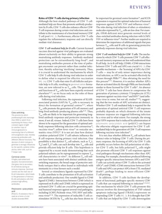 REVIEWS

                                    Roles of CD4+ T cells during primary infection                       be important for germinal centre formation34, and ICOS
                                    Although the best-studied pathways of CD4+ T cell-                   expression is required for optimal induction of humoral
                                    mediated help are those that promote antibody produc-                responses against LCMV, VSV and influenza virus47.
                                    tion by B cells, CD4+ T cells also enhance effector CD8+             The roles during viral infection of other co-stimulatory
                                    T cell responses during certain viral infections and con-            molecules expressed by TFH cells are less clear. For exam-
                                    tribute to the maintenance of a functional memory CD8+               ple, OX40‑deficient mice generate normal levels of
                                    T cell pool (FIG. 2). Furthermore, effector CD4+ T cells             class-switched antibodies during infection with LCMV,
                                    regulate the inflammatory response and can directly                  VSV or influenza virus48. Further studies are required to
                                    mediate viral clearance.                                             determine the importance of additional signals that pass
                                                                                                         between TFH cells and B cells in generating protective
                                    CD4+ T cell-mediated help for B cells. Current licensed              antibody responses during viral infection.
                                    vaccines directed against viral pathogens are evaluated
                                    almost exclusively on their ability to generate strong               CD4+ T cell-mediated help for CD8+ T cells. The mecha-
                                    neutralizing antibody responses. Antibody-mediated                   nisms by which CD4+ T cells promote CD8+ T cell effec-
                                    protection can be extraordinarily long-lived 33, and                 tor and memory responses are less well understood than
                                    neutralizing antibodies present at the time of patho-                B cell help. As in B cell help, CD40L–CD40 interactions
                                    gen encounter can prevent rather than combat infec-                  between CD4+ T cells and APCs are crucial (FIG. 2). One
                                    tion, thereby achieving ‘sterilizing’ immunity. Thus,                possible mechanism — the ‘licensing’ of APCs by CD4+
                                    it is crucial to understand the mechanisms by which                  T cells — may be of only minor importance during
                                    CD4+ T cells help B cells during viral infection in order            viral infection, as APCs can be activated effectively by
                                    to define what is required for effective vaccination                 viruses through PRRs49,50, thus obviating the need for
                                    (FIG. 2a). CD4+ T cells that enter B cell follicles and pro-         this process50–52. However, it is unclear whether APCs
                                    vide help to B cells, resulting in germinal centre forma-            that are activated directly through PRRs are functionally
                                    tion, are now referred to as TFH cells. The generation               similar to those licensed by CD4+ T cells53. An absence
                                    and functions of TFH cells have been expertly reviewed               of CD4+ T cells has been shown to compromise the
                                    elsewhere34,35, so we focus only on the roles of these               generation of primary cytotoxic T lymphocyte (CTL)
                                    cells during viral infection.                                        responses against vaccinia virus54 and HSV55 (and influ-
                                        Following viral infection, the expression of SLAM-               enza virus in some, but not all, studies56–58), suggest-
                                    associated protein (SAP) by TFH cells is necessary to                ing that the two modes of APC activation are distinct.
                                    direct the formation of germinal centres 36,37, where                Whether CD4+ T cell-mediated help is required for the
                                    TFH cells promote the generation of B cell memory and                generation of optimal antiviral CD8+ T cell responses
Class switching
                                    long-lived antibody-producing plasma cells36,38. Thus,               probably depends on which elements of the innate
The process by which                TFH cells are likely to be important for generating long-            immune response are triggered following infection
proliferating B cells rearrange     lived antibody responses and protective immunity to                  by a virus and to what extent. For example, the strong
their DNA to switch from            most, if not all, viruses. Indeed, CD4+ T cells have been            type I IFN response that is induced by administration of
expressing the heavy-chain
                                    shown to be required for the generation of optimal anti-             polyinosinic–polycytidylic acid (polyI:C) can bypass
constant region of IgM
(or another class of                body responses following infection with coronavirus39,               the otherwise obligate requirement for CD4+ T cell-
immunoglobulin) to                  vaccinia virus40, yellow fever virus41 or vesicular sto-             mediated help in the generation of CD8+ T cell responses
expressing that of a different      matitis virus (VSV)42. It is not yet clear how distinct              following vaccinia virus infection59.
immunoglobulin class, thereby       cytokine-polarized CD4+ T cell subsets influence the                     It is not clear whether different TH cell subsets have
producing antibodies with
different effector functions. The
                                    B cell response during primary viral infection. One                  distinct roles in helping CD8+ T cells. During the pri-
decision of which isotype to        possibility is that distinct TH cell subsets, such as TH1,           mary response, the licensing of APCs by CD4+ T cells
generate is strongly influenced     TH2 and TH17 cells, can each develop into TFH cells and              probably occurs before the full polarization of effec-
by the specific cytokine milieu     provide efficient help for B cells. This hypothesis is               tor CD4+ T cells, but fully polarized T H cells might
and by other cells, such as
                                    supported by a recent study demonstrating that such                  also promote efficient CD8+ T cell responses against
T helper cells.
                                    polarized subsets can be reprogrammed to express TFH                 viral pathogens through mechanisms other than APC
Germinal centre                     cell characteristics in vitro43. As different TH cell sub-           licensing. For example, chemokines produced following
A highly specialized and            sets have been associated with distinct antibody class-              antigen-specific interactions between APCs and CD4+
dynamic microenvironment            switching responses, the broad range of protective anti-             T cells can actively attract CD8+ T cells to the activated
that gives rise to secondary
B cell follicles during an
                                    body isotypes that is often found in individuals with                APCs60, and CD40L–CD40 interactions between CD4+
immune response. Germinal           immunity to a virus favours such a model.                            T cells and APCs can protect APCs from CTL‑mediated
centres are the main site of            Several co-stimulatory ligands expressed by CD4+                 death 61 , perhaps leading to more-efficient CD8 +
B cell maturation, which leads      T cells contribute to the promotion of B cell activation             T cell priming.
to the generation of memory
                                    and antibody production. One notable ligand is CD40                      In addition, CD4+ T cells facilitate the develop-
B cells and plasma cells that
produce high-affinity               ligand (CD40L). Interactions between CD40 (which is                  ment of functional, pathogen-specific memory CD8+
antibodies.                         expressed on B cells) and CD40L (which is expressed on               T cells that can respond following re-infection51,52,62,63.
                                    activated CD4+ T cells) are crucial for generating opti-             One mechanism by which CD4+ T cells promote this
Polyinosinic–polycytidylic          mal humoral responses against several viral pathogens,               process involves the downregulation of TNF-related
acid
(PolyI:C). A substance that is
                                    including LCMV, Pichinde virus, VSV, HSV and influ-                  apoptosis-inducing ligand (TRAIL) expression on
used as a mimic of viral            enza virus44–46. The expression of inducible T cell co-              responding CD8+ T cells (FIG. 2). It is thought that CD8+
double-stranded RNA.                stimulator (ICOS) by TFH cells has also been shown to                T cells that are helped by CD4+ T cells downregulate


NATURE REVIEWS | IMMUNOLOGY	                                                                                                   VOLUME 12 | FEBRUARY 2012 | 139

                                                          © 2012 Macmillan Publishers Limited. All rights reserved
 