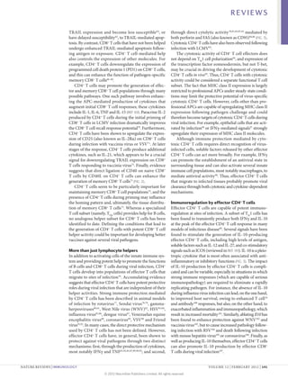 REVIEWS

                       TRAIL expression and become less susceptible 64, or                  through direct cytolytic activity 78,81,82,87,92 mediated by
                       have delayed susceptibility 65, to TRAIL-mediated apop­              both perforin and FAS (also known as CD95)84,86 (FIG. 3).
                       tosis. By contrast, CD8+ T cells that have not been helped           Cytotoxic CD4+ T cells have also been observed following
                       undergo enhanced TRAIL-mediated apoptosis follow-                    infection with LCMV93.
                       ing antigen re-exposure. CD4+ T cell-mediated help                       The cytotoxic activity of CD4+ T cell effectors does
                       also controls the expression of other molecules. For                 not depend on TH1 cell polarization94, and expression of
                       example, CD4+ T cells downregulate the expression of                 the transcription factor eomesodermin, but not T‑bet,
                       programmed cell death protein 1 (PD1) on CD8+ T cells,               may be crucial in driving the development of cytotoxic
                       and this can enhance the function of pathogen-specific               CD4+ T cells in vivo95. Thus, CD4+ T cells with cytotoxic
                       memory CD8+ T cells66–68.                                            activity could be considered a separate functional T cell
                          CD4+ T cells may promote the generation of effec-                 subset. The fact that MHC class II expression is largely
                       tor and memory CD8+ T cell populations through many                  restricted to professional APCs under steady-state condi-
                       possible pathways. One such pathway involves enhanc-                 tions may limit the protective potential of virus-specific
                       ing the APC-mediated production of cytokines that                    cytotoxic CD4+ T cells. However, cells other than pro-
                       augment initial CD8+ T cell responses; these cytokines               fessional APCs are capable of upregulating MHC class II
                       include IL‑1, IL‑6, TNF and IL‑15 (REF. 69). Paracrine IL‑2          expression following pathogen challenge and could
                       produced by CD4+ T cells during the initial priming of               therefore become targets of cytotoxic CD4+ T cells during
                       CD8+ T cells in LCMV infection dramatically improves                 viral infection. For example, epithelial cells that are acti-
                       the CD8+ T cell recall response potential70. Furthermore,            vated by infection96 or IFNγ-mediated signals97 strongly
                       CD4+ T cells have been shown to upregulate the expres-               upregulate their expression of MHC class II molecules.
                       sion of CD25 (also known as IL‑2Rα) on CD8+ T cells                      Although immune protection mediated by cyto-
                       during infection with vaccinia virus or VSV71. At later              toxic CD4+ T cells requires direct recognition of virus-
                       stages of the response, CD4+ T cells produce additional              infected cells, soluble factors released by other effector
                       cytokines, such as IL‑21, which appears to be a crucial              CD4+ T cells can act more broadly. For example, IFNγ
                       signal for downregulating TRAIL expression on CD8+                   can promote the establishment of an antiviral state in
                       T cells responding to vaccinia virus72. Finally, evidence            surrounding tissue and can also activate several innate
                       suggests that direct ligation of CD40 on naive CD8+                  immune cell populations, most notably macrophages, to
                       T cells by CD40L on CD4+ T cells can enhance the                     mediate antiviral activity 98. Thus, effector CD4+ T cells
                       generation of memory CD8+ T cells73 (FIG. 2).                        that migrate to infected tissues probably promote viral
                          CD4+ T cells seem to be particularly important for                clearance through both cytotoxic and cytokine-dependent
                       maintaining memory CD8+ T cell populations74, and the                mechanisms.
                       presence of CD4+ T cells during priming may influence
                       the homing pattern and, ultimately, the tissue distribu-             Immunoregulation by effector CD4+ T cells
                       tion of memory CD8+ T cells75. Whereas a specialized                 Effector CD4+ T cells are capable of potent immuno­
                       T cell subset (namely, TFH cells) provides help for B cells,         regulation at sites of infection. A subset of TH1 cells has
                       no analogous helper subset for CD8+ T cells has been                 been found to transiently produce both IFNγ and IL‑10
                       identified to date. Defining the conditions that lead to             at the peak of the effector CD4+ T cell response in many
                       the generation of CD4+ T cells with potent CD8+ T cell               models of infectious disease99. Several signals have been
                       helper activity could be important for developing better             found to stimulate the generation of IL‑10‑producing
                       vaccines against several viral pathogens.                            effector CD4+ T cells, including high levels of antigen,
                                                                                            soluble factors such as IL‑12 and IL‑27, and co-stimulatory
                       More than just lymphocyte helpers                                    signals such as ICOS (reviewed in REF. 99). IL‑10 is a pleio-
                       In addition to activating cells of the innate immune sys-            tropic cytokine that is most often associated with anti-
                       tem and providing potent help to promote the functions               inflammatory or inhibitory functions (FIG. 3). The impact
                       of B cells and CD8+ T cells during viral infection, CD4+             of IL‑10 production by effector CD4+ T cells is compli-
                       T cells develop into populations of effector T cells that            cated and can be variable, especially in situations in which
                       migrate to sites of infection76. Accumulating evidence               strong immune responses (which are capable of serious
                       suggests that effector CD4+ T cells have potent protective           immunopathology) are required to eliminate a rapidly
                       roles during viral infection that are independent of their           replicating pathogen. For instance, the absence of IL‑10
                       helper activities. Strong immune protection mediated                 during influenza virus infection can lead, on the one hand,
                       by CD4+ T cells has been described in animal models                  to improved host survival, owing to enhanced T cell16
                       of infection by rotavirus77, Sendai virus78,79, gamma-               and antibody 100 responses, but also, on the other hand, to
                       herpesviruses80,81, West Nile virus (WNV)82, HSV83,84,               exacerbated inflammation and immunopathology, which
                       influenza virus85,86, dengue virus87, Venezuelan equine              result in increased mortality101. Similarly, ablating Il10 has
                       encephalitis virus88, coronavirus89, VSV90 and Friend                been found to enhance protection against WNV102 and
                       virus91,92. In many cases, the direct protective mechanism           vaccinia virus103, but to cause increased pathology follow-
                       used by CD4+ T cells has not been defined. However,                  ing infection with RSV104 and death following infection
                       effector CD4+ T cells have, in general, been shown to                with mouse hepatitis virus105 or coronavirus106. Finally, as
                       protect against viral pathogens through two distinct                 well as producing IL‑10 themselves, effector CD4+ T cells
                       mechanisms: first, through the production of cytokines,              can also promote IL‑10 production by effector CD8+
                       most notably IFNγ and TNF81,82,85,87,89,90,92; and second,           T cells during viral infection107.


NATURE REVIEWS | IMMUNOLOGY	                                                                                        VOLUME 12 | FEBRUARY 2012 | 141

                                             © 2012 Macmillan Publishers Limited. All rights reserved
 
