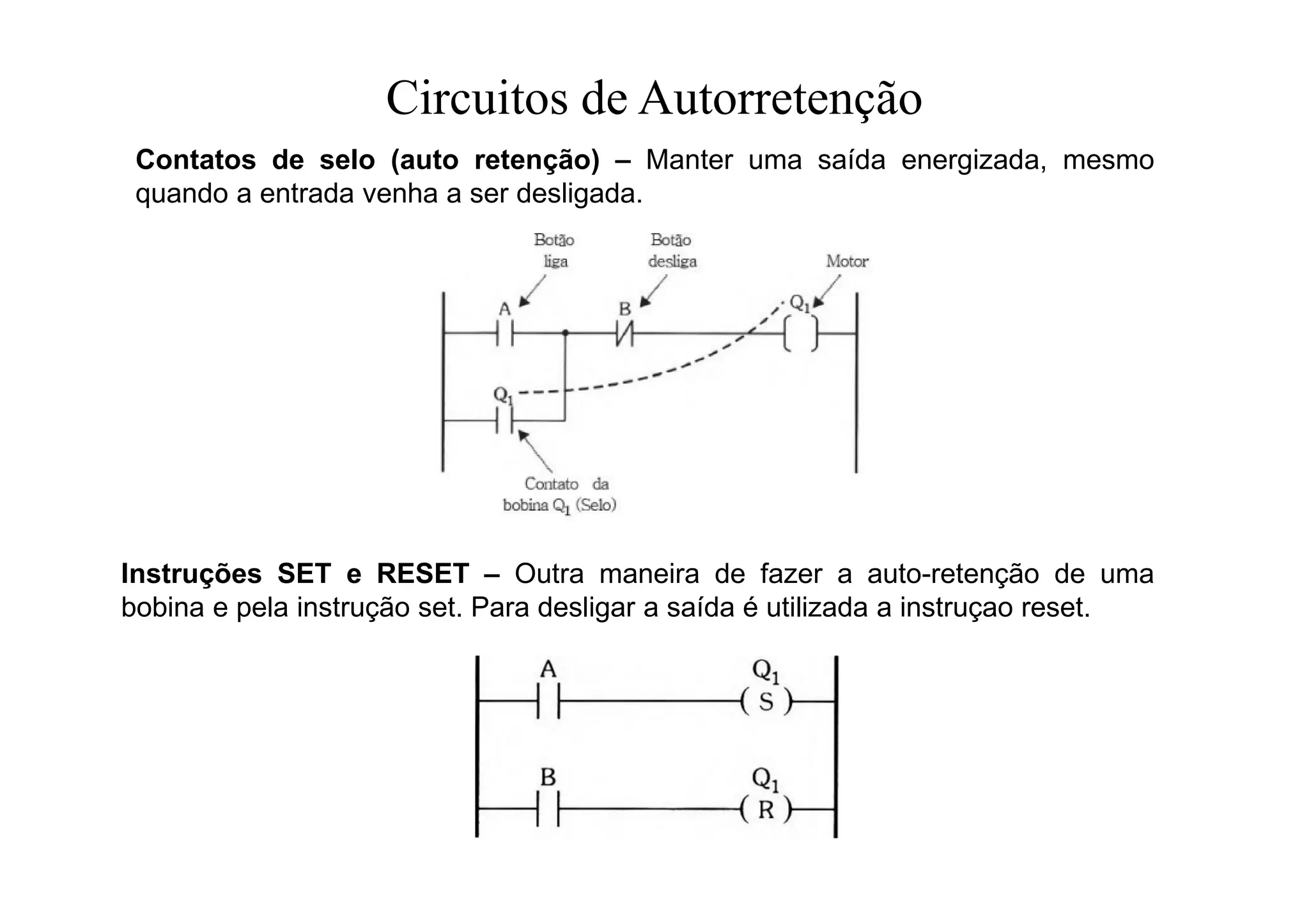 Circuitos de Autorretenção
Contatos de selo (auto retenção) – Manter uma saída energizada, mesmo
quando a entrada venha a ser desligada.
Instruções SET e RESET – Outra maneira de fazer a auto-retenção de uma
bobina e pela instrução set. Para desligar a saída é utilizada a instruçao reset.
 