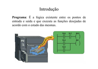 Introdução
Programa: É a lógica existente entre os pontos de
entrada e saída e que executa as funções desejadas de
acordo com o estado das mesmas.
 