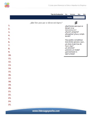 Tipo de Evaluación:   Día      Semana   Mes   Año

                                                           Fecha:


      ¿Qué hice para que se dieran mis logros?
1.
2.
3.
4.
5.
6.
7.
8.
9.
10.
11.
12.
13.
14.
15.
16.
17.
18.
19.
20.
21.
22.
23.
24.
25.
 