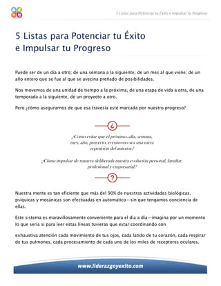 5 Listas para Potenciar tu Éxito
e Impulsar tu Progreso

Puede ser de un día a otro; de una semana a la siguiente; de un mes al que viene; de un
año entero que se fue al que se avecina preñado de posibilidades.

Nos movemos de una unidad de tiempo a la próxima, de una etapa de vida a otra, de una
temporada a la siguiente, de un proyecto a otro.

Pero ¿cómo asegurarnos de que esa travesía esté marcada por nuestro progreso?




                          ¿Cómo evitar que el próximo—día, semana,
                          mes, año, proyecto, evento—no sea una mera
                                    repetición del anterior?

            ¿Cómo impulsar de manera deliberada nuestra evolución personal, familiar,
                                 profesional y empresarial?




Nuestra mente es tan eficiente que más del 90% de nuestras actividades biológicas,
psíquicas y mecánicas son efectuadas en automático—sin que tengamos conciencia de
ellas.

Este sistema es maravillosamente conveniente para el día a día—imagina por un momento
lo que sería si para leer estas líneas tuvieras que estar coordinando con

exhaustiva atención cada movimiento de tus ojos, cada latido de tu corazón, cada respirar
de tus pulmones, cada procesamiento de cada uno de los miles de receptores oculares.
 