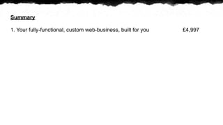 Summary

1. Your fully-functional, custom web-business, built for you   ?4,997
 