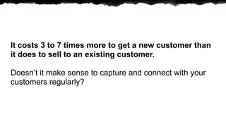 It costs 3 to 7 times more to get a new customer than
it does to sell to an existing customer.

Doesnt it make sense to capture and connect with your
customers regularly?
 