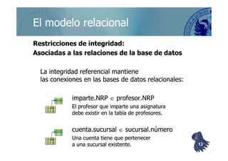 ©berzal@acm.org
Restricciones de integridad:Restricciones de integridad:
Asociadas a las relaciones de la base de datosAsociadas a las relaciones de la base de datos
La integridad referencial mantieneLa integridad referencial mantiene
las conexiones en las bases de datos relacionales:las conexiones en las bases de datos relacionales:
El modelo relacionalEl modelo relacional
las conexiones en las bases de datos relacionales:las conexiones en las bases de datos relacionales:
imparte.NRPimparte.NRP ∈∈ profesor.NRPprofesor.NRP
El profesor que imparte una asignaturaEl profesor que imparte una asignatura
debe existir en la tabla de profesores.debe existir en la tabla de profesores.
cuenta.sucursalcuenta.sucursal ∈∈ sucursal.númerosucursal.número
Una cuenta tiene que pertenecerUna cuenta tiene que pertenecer
a una sucursal existente.a una sucursal existente. 1313
 