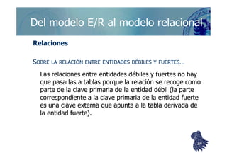 ©berzal@acm.org
Del modelo E/R al modelo relacionalDel modelo E/R al modelo relacional
RelacionesRelaciones
SSOBREOBRE LALA RELACIÓNRELACIÓN ENTREENTRE ENTIDADESENTIDADES DÉBILESDÉBILES YY FUERTESFUERTES……
Las relaciones entre entidades débiles y fuertes no hayLas relaciones entre entidades débiles y fuertes no hay
que pasarlas a tablas porque la relación se recoge comoque pasarlas a tablas porque la relación se recoge comoque pasarlas a tablas porque la relación se recoge comoque pasarlas a tablas porque la relación se recoge como
parte de la clave primaria de la entidad débil (la parteparte de la clave primaria de la entidad débil (la parte
correspondiente a la clave primaria de la entidad fuertecorrespondiente a la clave primaria de la entidad fuerte
es una clave externa que apunta a la tabla derivada dees una clave externa que apunta a la tabla derivada de
la entidad fuerte).la entidad fuerte).
2424
 