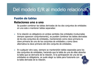 ©berzal@acm.org
Fusión de tablasFusión de tablas
Relaciones uno a unoRelaciones uno a uno
Se pueden combinar las tablas derivadas de los dos conjuntos de entidadesSe pueden combinar las tablas derivadas de los dos conjuntos de entidades
en una sola o mantener tablas separadas:en una sola o mantener tablas separadas:
Si la relación es obligatoria en ambos sentidos (las entidades involucradasSi la relación es obligatoria en ambos sentidos (las entidades involucradas
Del modelo E/R al modelo relacionalDel modelo E/R al modelo relacional
Si la relación es obligatoria en ambos sentidos (las entidades involucradasSi la relación es obligatoria en ambos sentidos (las entidades involucradas
siempre aparecen conjuntamente), se pueden combinar las tablas derivadassiempre aparecen conjuntamente), se pueden combinar las tablas derivadas
de los dos conjuntos de entidades, manteniendo como clave primaria lade los dos conjuntos de entidades, manteniendo como clave primaria la
clave primaria de uno de los conjuntos de entidades y como claveclave primaria de uno de los conjuntos de entidades y como clave
alternativa la clave primaria del otro conjunto de entidades.alternativa la clave primaria del otro conjunto de entidades.
En cualquier otro caso, siempre se mantendrán tablas separadas para losEn cualquier otro caso, siempre se mantendrán tablas separadas para los
dos conjuntos de entidades, haciendo que la tabla de una de ellas absorbados conjuntos de entidades, haciendo que la tabla de una de ellas absorba
la tabla que se derivaría de la relación. Si la participación de una de lasla tabla que se derivaría de la relación. Si la participación de una de las
entidades es obligatoria, se suele elegir su tabla para fusionarla conentidades es obligatoria, se suele elegir su tabla para fusionarla con
la tabla derivada de la relación.la tabla derivada de la relación.
3131
 