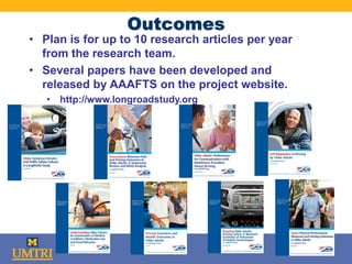Outcomes
• Plan is for up to 10 research articles per year
from the research team.
• Several papers have been developed and
released by AAAFTS on the project website.
• http://www.longroadstudy.org
 