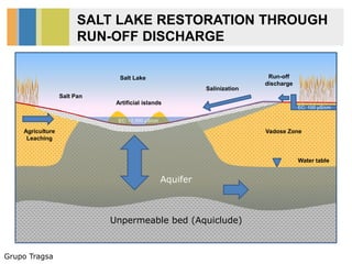 Grupo Tragsa
SALT LAKE RESTORATION THROUGH
RUN-OFF DISCHARGE
Aquifer
Unpermeable bed (Aquiclude)
Water table
Vadose Zone
Salt Lake
Salt Pan
Run-off
discharge
Artificial islands
Agriculture
Leaching
Salinization
EC: 100 μS/cm
EC: >2,000 μS/cm
 