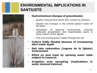 ENVIRONMENTAL IMPLICATIONS IN
SANTIUSTE
• Hydrochemical changes of groundwater
– Quality improvement (lower NO3 content by dilution)
– Diluted iron increase in the central eastern sector of
the basin
– Generation of reducing environment, inducing
carbonate precipitation and impermeable layers in
some sectors of the aquifer
– Free and moving heavy metals through the soil
• Culture fields flooded because of overpassing
alert water depth
• Salt lake restoration (Laguna de la Iglesia)
achievement
• Effect on pine trees by uprising water table
subject to research
• Irrigation area spreading (implications in
water demand balance)
18
 