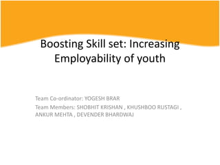 Boosting Skill set: Increasing
Employability of youth
Team Co-ordinator: YOGESH BRAR
Team Members: SHOBHIT KRISHAN , KHUSHBOO RUSTAGI ,
ANKUR MEHTA , DEVENDER BHARDWAJ
 