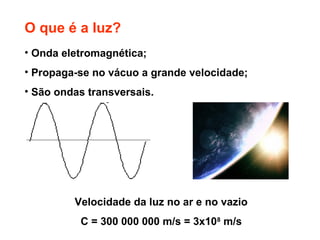 O que é a luz?
• Onda eletromagnética;
• Propaga-se no vácuo a grande velocidade;
• São ondas transversais.




         Velocidade da luz no ar e no vazio
          C = 300 000 000 m/s = 3x108 m/s
 