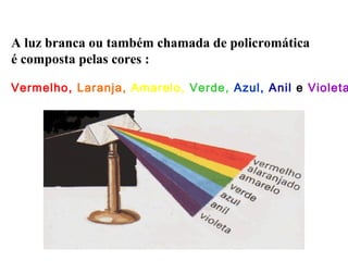A luz branca ou também chamada de policromática
é composta pelas cores :

Vermelho, Laranja, Amarelo, Verde, Azul, Anil e Violeta
 