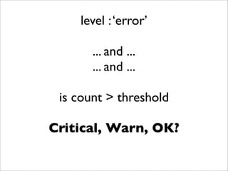 level : ‘error’
... and ...
... and ...
is count > threshold
Critical, Warn, OK?

 