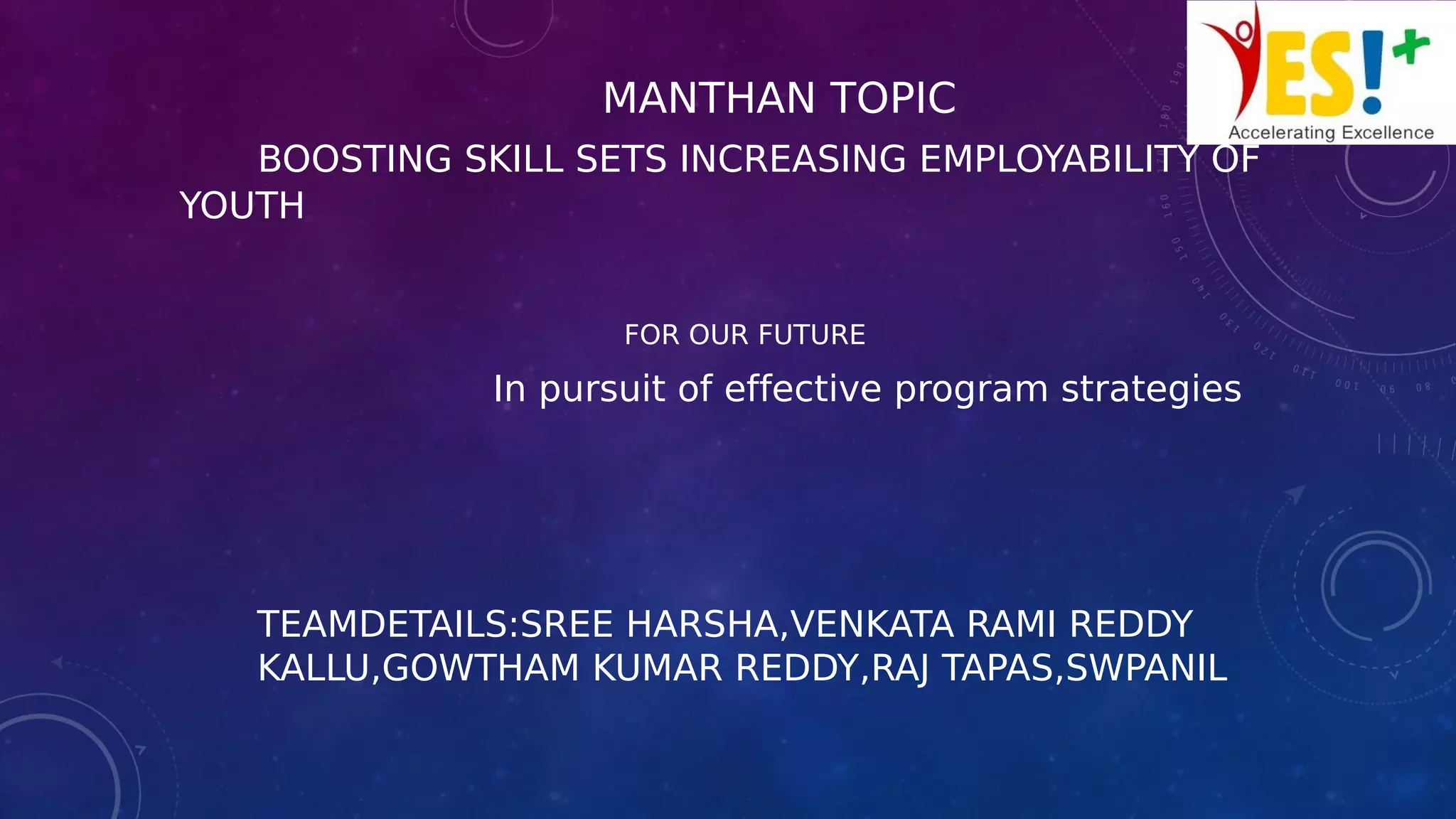 MANTHAN TOPIC
BOOSTING SKILL SETS INCREASING EMPLOYABILITY OF
YOUTH
FOR OUR FUTURE
In pursuit of effective program strategies
TEAMDETAILS:SREE HARSHA,VENKATA RAMI REDDY
KALLU,GOWTHAM KUMAR REDDY,RAJ TAPAS,SWPANIL
 