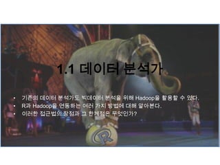 1.1 데이터 분석가
• 기존의 데이터 분석가도 빅데이터 분석을 위해 Hadoop을 활용할 수 있다.
• R과 Hadoop을 연동하는 여러 가지 방법에 대해 알아본다.
• 이러한 접근법의 장점과 그 한계점은 무엇인가?
 