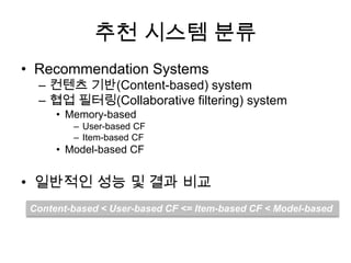 추천 시스템 분류
• Recommendation Systems
– 컨텐츠 기반(Content-based) system
– 협업 필터링(Collaborative filtering) system
• Memory-based
– User-based CF
– Item-based CF
• Model-based CF
• 일반적인 성능 및 결과 비교
Content-based < User-based CF <= Item-based CF < Model-based
 