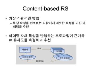 Content-based RS
• 가장 직관적인 방법
– 특정 속성을 선호하는 사람에게 비슷한 속성을 가진 아
이템을 추천
• 아이템 자체 특성을 반영하는 프로파일에 근거하
여 유사도를 측정하고 추천
사용자 아이템아이템
메타데이터
아이템
메타데이터
구매
업데이트
 