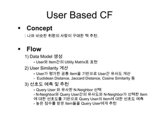 User Based CF
 Concept
: 나와 비슷한 취향의 사람이 구매한 책 추천.
 Flow
1) Data Model 생성
- User와 Item간의 Utility Matrix로 표현
2) User Similarity 계산
- User가 평가한 공통 Item을 기반으로 User간 유사도 계산
- Euclidean Distance, Jaccard Distance, Cosine Similarity 등
3) 선호도 예측 및 추천
- Query User 와 유사한 N-Neighbor 선택
- N-Neighbor와 Query User간의 유사도와 N-Neighbor가 선택한 Item
에 대한 선호도를 기반으로 Query User의 Item에 대한 선호도 예측
- 높은 점수를 받은 Item들을 Query User에게 추천
 