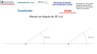 Marcação de ângulos
com transferidor e aristoMARCAÇÃO DE ÂNGULOS Um ângulo é ‘uma porção
infinita de espaço plano
delimitado por duas semi-
-retas concorrentes’.
Transferidor Aristo
(com transferidor ‘ebutido’)
Marcar um ângulo de 35º a.d.
PP
35º a.d. 35º a.d.
 