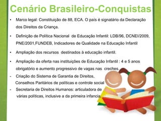 Cenário Brasileiro-Conquistas
•   Marco legal: Constituição de 88, ECA. O país é signatário da Declaração
    dos Direitos da Criança.

•   Definição de Política Nacional de Educação Infantil: LDB/96, DCNEI/2009,
    PNE/2001,FUNDEB, Indicadores de Qualidade na Educação Infantil

•   Ampliação dos recursos destinados à educação infantil.

•   Ampliação da oferta nas instituições de Educação Infantil : 4 e 5 anos
    obrigatório e aumento progressivo de vagas nas creches.
-   Criação do Sistema de Garantia de Direitos,
    Conselhos Paritários de políticas e controle social
-   Secretaria de Direitos Humanos: articuladora de
    várias políticas, inclusive a da primeira infancia.
 