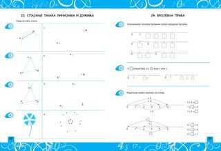 32 33
24. БРОЈЕВНА ПРАВА
1.
2.
3. Izra~unaj prema prikazu na slici.
23. СПАЈАЊЕ ТАЧАКА ЛИНИЈАМА И ДУЖИМА
1.
2.
3.
4.
·
V ·
A .
· M
A .
V ·
·M
A .
. M
A .
M
·
A V
C
·
·
B
C
A ·
·
·
1.
2.
3.
4.
Nacrtaj ve}u sliku.
 