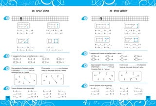38 39
29. БРОЈ ДЕВЕТ
1.
2.
3.
4. Upi{i brojeve koji nedostaju.
6
.
8 ·
3
.
9
. 7
.
4
.
6
.
8 ·
3
.
9
. 7
.
4
.
5
.
5
.
U kvadrati} upi{i potreban znak: + ili ‡
Odgovaraju}e brojeve pove`i
strelicom tako da
pokazuje broj za 1 mawi.
Strelicom spoj brojeve
tako da pokazuje broj za 1 ve}i.
28. БРОЈ ОСАМ
1.
3.
2.
7 + 1 = __ , 1 + __ = 8 6 + __ = 8, 2 + __ = 8
8 – 1 = __ , 8 – __ = 1 8 – 2 = __ , 8 – __ = 2
5 + __ = __ , 3 + __ = __ 4 + 4 = __
8 – 5 = __ , 8 – 3 = __ 8 – 4 = __ , 8 – __ = 4
3 5 = 8, 8 2 = 6, 4 4 = 8, 8 8 = 0
2 6 = 8, 8 0 = 8, 8 4 = 4, 8 3 = 5
7
·
1
·
8·
3
·
·
3
· 7
·
8
·
4
·
U kvadrati} upi{i potreban znak: + ili ‡ .
Odgovaraju}e brojeve pove`i
strelicom tako da
pokazuje broj za 1 ve}i.
Strelicom spoj brojeve
tako da pokazuje broj.za 1 mawi
4. Upi{i brojeve koji nedostaju.
8 + 0 = ___ , 4 + 3 = ___ , 2 + ___ = 8, 7 + 1 = ___
___ + 4 = 8, ___ + 7 = 8, ___ + 7 = 8, 6+ ___ = 8
3 + ___ = 8, ___ + 8 = 8, 8 – ___ = 5, ___ – 6 = 2
4
·
6
·
5
·
2· 2
5
· 6
·
 