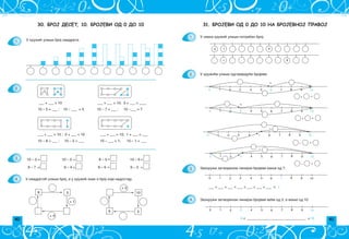 40 41
 _________________________________ 
1.
2.
3.
4.
31. БРОЈЕВИ ОД 0 ДО 10 НА БРОЈЕВНОЈ ПРАВОЈ
U svaki kru`i} upi{i potreban broj.
Zaokru`i zatvorenom linijom brojeve mawe od 7.
0 1 6
1 8
0 1 2 3 4 5 6 7 8 9 10
+
0 1 2 3 4 5 6 7 8 9 10
+ =
0 1 2 3 4 5 6 7 8 9 10
– =
0 1 2 3 4 5 6 7 8 9 10
– =
–
–
+
0 1 2 3 4 5 6 7 8 9 10
+ =
___  ___  ___  ___  ___  ___  ___  7
0 1 2 3 4 5 6 7 8 9 10
3 10
U kru`i}e upi{i odgovaraju}e brojeve.
Zaokru`i zatvorenom linijom brojeve ve}e od 3, a mawe od 10.
30. БРОЈ ДЕСЕТ, 10. БРОЈЕВИ ОД 0 ДО 10
+ 1
+ 4
8 5 10
2
6
+ 3
1.
2.
4.
U kru`i} upi{i broj kvadrata.
=
=
=
=
=
=
=
=
3. 10 – 5 10 – 2 8 – 5 10 – 6
9 – 7 = 9 – 4 8 – 6 9 – 3
U kvadrati} upi{i broj, a u kru`i} znak i broj koji nedostaju.
 