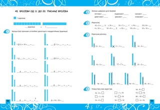 58 59
5.
2.
3.
4.
Zapi{i ciframa date brojeve.
petnaest _____ sedamnaest _____ trinaest _____
devetnaest _____ dvanaest _____ osamnaest _____
Izra~unaj.
10 + 2 = ___ 5 + 10 = ___ 10 + 7 = ___ 1 + 10 = ___ 10 + 8 = ___
4 + 10 = ___ 10 + 9 = ___ 3 + 10 = ___ 10 + 6 = ___ 10 + 10 = ___
Izra~unaj razliku.
13 – 3 = ___ 11 – 1 = ___ 14 – 4 = ___
12 – 2 = ___
15 – 5 = ___ 17 – 7 = ___
16 – 6 = ___
19 – 9 = ___
18 – 8 = ___ 20 – 10 = ___
Upi{i broj koji nedostaje.
16 – 6 =
12 – = 10
– 1 = 10
18 – 8 =
13 – = 10
– 7 = 10
14 – 4 = 19 – = 10 – 5 = 10
20 – 10 =
45. БРОЈЕВИ ОД 11 ДО 20. ПИСАЊЕ БРОЈЕВА
1.
1 jedinica
___ jedinica 1 _____________
=
Zapi{i broj prikazan {tapi}em (desetica) i kvadrati}ima (jedinice).
1 D 3 J = 10 + ___ = ___ ___ D 1 J = ___ + ___ = ___
1 D ___ J = ___ + ___ = ___ ___ D 2 J = ___ + ___ = ___
___ D ___ J = ___ + ___ = ___ ___ D ___ J = ___ + ___ = ___
___ D ___ J = ___ + ___ = ___ ___ D ___ J = ___ + ___ = ___
2
___ D ___ J = ___ + ___ = ___ D = 10 + 10 = ___
 
