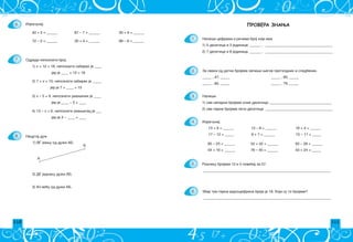 110 111
ПРОВЕРА ЗНАЊА
Napi{i ciframa i re~ima broj koji ima:
Za svaki od datih brojeva zapi{i wegov prethodnik i sledbenik.
_____ , 47, _____ _____ , 60, _____
_____ , 85, _____ _____ , 79, _____
Napi{i:
Izra~unaj:
13 + 6 = ______ 13 – 8 = ______ 16 + 4 = ______
17 – 12 = _____ 9 + 7 = ______ 15 – 11 = _____
85 – 23 = ______ 54 + 42 = ______ 60 – 28 = ______
54 + 16 = ______ 78 – 45 = ______ 43 + 24 = _____
Zbir tri parna jednocifrena broja je 18. Koji su to brojevi?
______________________________________________________________________
1.
2.
3.
4.
Razliku brojeva 13 i 5 pove}aj za 57.
______________________________________________________________________
5.
6.
1) 5 desetica i 3 jedinice; ______ , _____________________________________
2) 7 desetica i 8 jedinica. ______ , _____________________________________
1) sve neparne brojeve osme desetice; __________________________________
2) sve parne brojeve pete desetice. _____________________________________
6.
7.
8.
Izra~unaj:
40 + 5 = ______ 87 – 7 = ______ 30 + 6 = ______
72 – 2 = ______ 30 + 4 = ______ 98 – 8 = ______
Nacrtaj du`:
A
B
Odredi nepoznati broj:
1) x + 12 = 18, nepoznati sabirak je ____
jer je ____ + 12 = 18
2) 7 + x = 15, nepoznati sabirak je _____
jer je 7 + ____ = 15
3) x – 5 = 9, nepoznati umawenik je ____
jer je ____ ‡ 5 = ____
4) 13 ‡ x = 6, nepoznati umawilac je ___
jer je 3 ‡ ____ = ____
1) VG mawu od du`i AB;
2) DE jednaku du`i AB;
3) IJ ve}u od du`i AB.
 