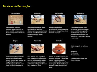 Técnica do Rolo
Podes com esta técnica fazer qualquer objeto cilíndrico, desde tigelas, vasos, canecas ou outro objeto
decorativo. O processo é o mesmo descrito para esta peça.
Com um pedaço de barro faz
rolinhos de espessura
idêntica.
Forma a base como se fosse
um caracol
Prepara as duas faces
alisando-as
Vai colocando os rolinhos em
cima uns dos outros,
reduzindo o diâmetro. Vai
chegando barbotina.
Faz uma pequena bola e abre-
a por dentro.
Coloca a cabeça e marca o
rosto.
Abre a base antes de cozer.
Alisa-o se quiseres e depois
deixa-o a secar. Vai depois à
mufla para cozer. Pinta-o ou
enverniza-o a teu gosto.
 