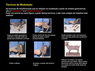 COR – De acordo com a sua composição, a argila apresenta-se
com cores variáveis (branco, alaranjado ou cinzento).
A argila mais pura, bastante mais clara designa-se por caulino.
PLASTICIDADE – É a propriedade que a argila tem de se tornar
moldável após a absorção de água. Mesmo depois de seca e antes
de ser cozida, pode ser novamente trabalhada se lhe adicionarmos
água.
RESISTÊNCIA – É a propriedade que a peça tem de manter a
forma dada após secagem e de se tornar mais resistente após a
cozedura.
IMPERMEABILIDADE – Depois de cozida e vidrada a peça deixa
de absorver líquidos.
SONORIDADE – Propriedade que a argila tem de emitir sons,
através de pequenos batimentos, após a cozedura.
Propriedades das Argilas
 