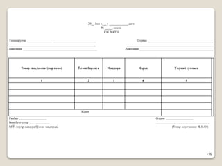 •16
20__ йил «___» ____________ даги
№ _____-сонли
ЮК ХАТИ
Топширувчи ________________ ____________________________
________________________________________________________
Лавозими ________________________________________________
Олувчи __________________________________________
________________________________________________________
Лавозими ________________________________________________
Товар (иш, хизмат)лар номи) Ўлчов бирлиги Миқдори Нархи Умумий суммаси
1 2 3 4 5
Жами
Раҳбар __________________
Бош бухгалтер _____________
М.Ў. (муҳр мавжуд бўлган тақдирда)
Олдим __________________
___________________________________
(Товар олувчининг Ф.И.О.)
 