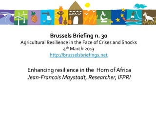 Brussels Briefing n. 30
Agricultural Resilience in the Face of Crises and Shocks
                     4th March 2013
              http://brusselsbriefings.net

   Enhancing resilience in the Horn of Africa
   Jean-Francois Maystadt, Researcher, IFPRI
 