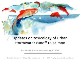 Updates(on(toxicology(of(urban(
stormwater(runoﬀ(to(salmon(
South(Sound(Science(Symposium(Sep(20,(2016(
Dr.(Jenifer(McIntyre(| (School(of(the(Environment (| (WSU(Puyallup(Research(Extension(Center(
 