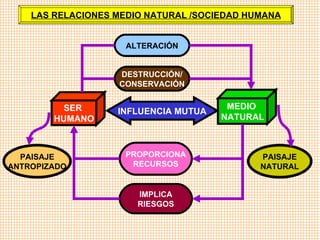 SER  HUMANO MEDIO  NATURAL ALTERACIÓN PROPORCIONA RECURSOS IMPLICA RIESGOS INFLUENCIA MUTUA DESTRUCCIÓN/ CONSERVACIÓN LAS RELACIONES MEDIO NATURAL /SOCIEDAD HUMANA PAISAJE NATURAL PAISAJE ANTROPIZADO 