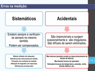 Erros na medição:
Sistemáticos
Existem sempre e verificam-
se sempre no mesmo
sentido.
Podem ser compensados.
Método utilizado não adequado;
Deficiência dos instrumentos de medida;
Flutuação nas condições de medição
Utilização de reagentes com impurezas;
Deficiências do observador
Acidentais
São imprevisíveis e surgem
ocasionalmente e são irregulares.
São difíceis de serem eliminados.
Más leituras (posição errada ou desconhecimento da
escala de leitura);
Movimento brusco do operador;
Variações bruscas de temperatura, pressão, vento,
tensão elétrica, etc..
25
 