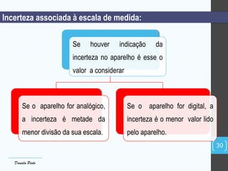 Incerteza associada à escala de medida:
Se houver indicação da
incerteza no aparelho é esse o
valor a considerar
Se o aparelho for analógico,
a incerteza é metade da
menor divisão da sua escala.
Se o aparelho for digital, a
incerteza é o menor valor lido
pelo aparelho.
30
Daniela Pinto
 
