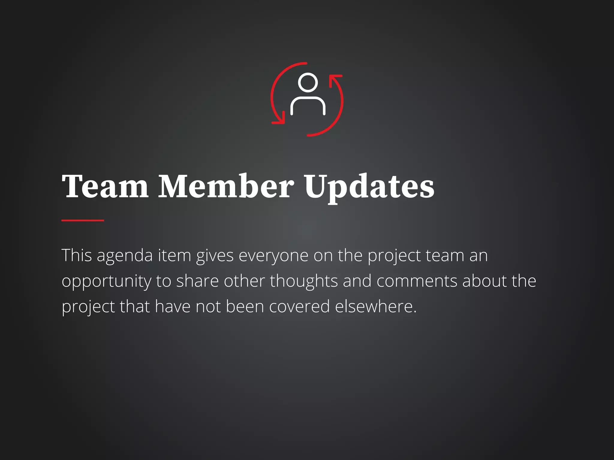 Team Member Updates
This agenda item gives everyone on the project team an
opportunity to share other thoughts and comments about the
project that have not been covered elsewhere.
 