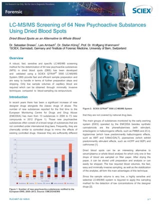 RUO-MKT-02-1408-A p 1
LC-MS/MS Screening of 64 New Psychoactive Substances
Using Dried Blood Spots
Dried Blood Spots as an Alternative to Whole Blood
Dr. Sebastian Dresen1
, Lars Ambach2
, Dr. Stefan König2
, Prof. Dr. Wolfgang Weinmann2
1
SCIEX, Darmstadt, Germany and 2
Institute of Forensic Medicine, University of Bern, Switzerland
Overview
A robust, fast, sensitive and specific LC-MS/MS screening
method for the determination of 64 new psychoactive substances
(NPS) in dried blood spots (DBS) has been developed
and validated using a SCIEX QTRAP
®
5500 LC-MS/MS
System. DBS provide fast and efficient sample preparation and
are easy to handle in terms of further preparation steps and
shipping. Only low sample volumes of capillary blood are
required which can be obtained through minimally invasive
techniques compared to blood sampling via venipuncture.
Introduction
In recent years there has been a significant increase of new
designer drugs alongside the classic drugs of abuse. The
number of new substances reported for the first time to the
European Monitoring Centre for Drugs and Drug Abuse
(EMCDDA) has risen from 13 substances in 2008 to 73 new
compounds in 2012 (Figure 1). Those new psychoactive
substances often consist of a broad range of substances that are
not controlled under international drug laws. Frequently, they are
chemically similar to controlled drugs to mimic the effects of
existing controlled drugs. However they are sufficiently different
Figure 2: SCIEX QTRAP®
5500 LC-MS/MS System
that they are not covered by national drug laws.
The main groups of substances monitored by the early warning
system (EWS) operated by the EMCDDA besides synthetic
cannabinoids are the phenethylamines (with stimulant,
entactogenic or hallucinogenic effects, such as PMMA and 2C-I),
tryptamines (which have predominantly hallucinogenic effects,
such as AMT and 5-MeO-DALT), piperazines (which exhibit
predominantly stimulant effects, such as mCPP and BZP) and
cathinones [1].
Dried blood spots can be an interesting alternative to
serum/plasma or whole blood analysis for which only one or few
drops of blood are sampled on filter paper. After drying the
paper, it can be stored until preparation and analysis or can
easily be shipped. The low required blood volumes, the fast,
easy and minimally invasive sampling, as well as the stabilization
of the analytes, all form the main advantages of this technique.
Since the sample volume is very low, a highly sensitive and
selective LC-MS/MS system is required to apply this sampling
method for the detection of low concentrations of the designer
drugs [2].
Figure 1: Number of new psychoactive substances notified to the
European EWS, 2005–2012. Source: EMCDDA/EWS
 